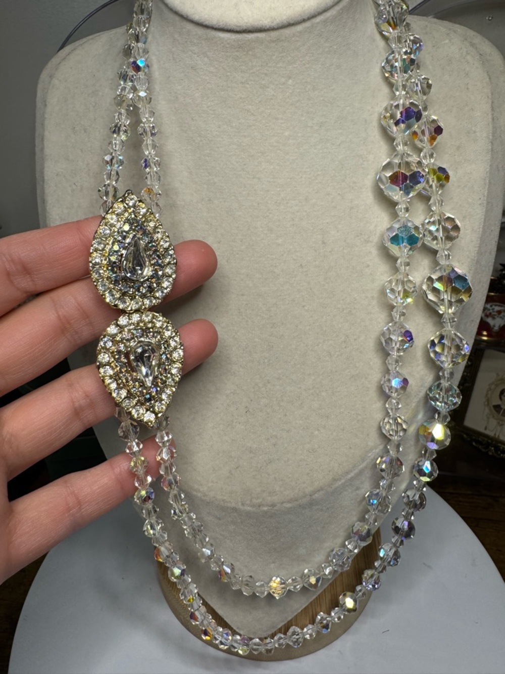 Vintage Aurora Borealis Rhinestone Clasp Double Strand Necklace Big